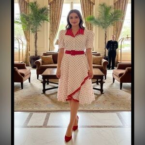 Vintage “I love Lucy” polka dot puff sleeve button up ruffle rockabilly pin up